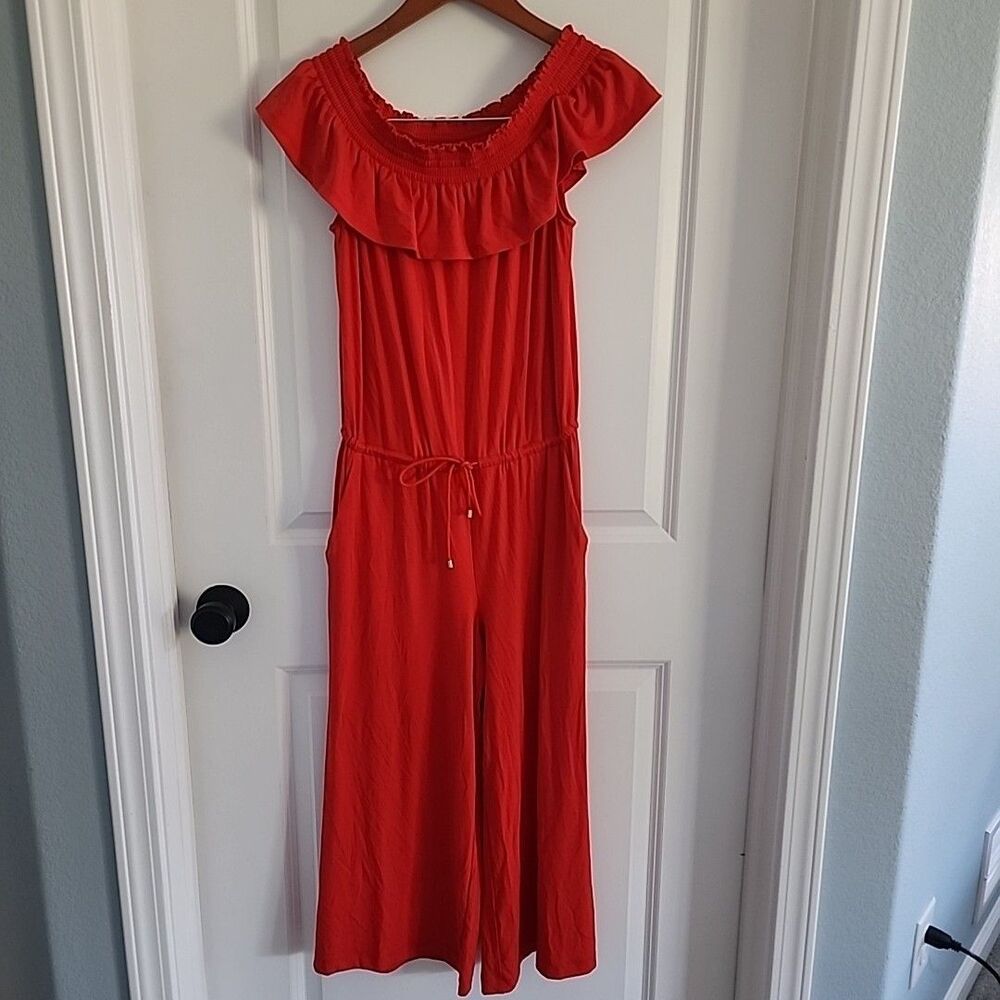 Ralph Lauren Romper Jumpsuit Size M Red Ruffle Off The Shoulder Wide Leg Beach